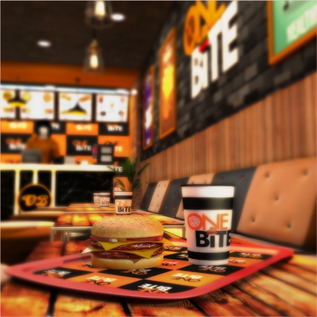 one bite burger with coffee